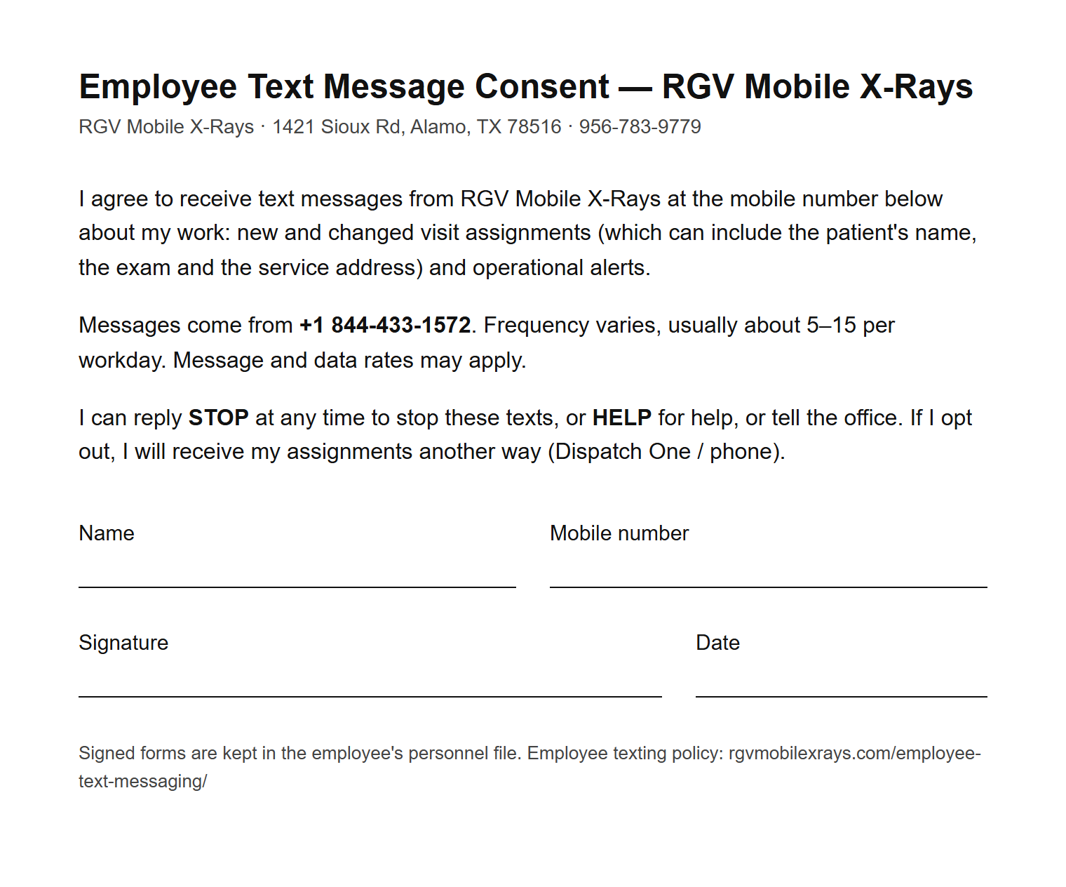 RGV Mobile X-Rays Employee Text Message Consent form (blank)